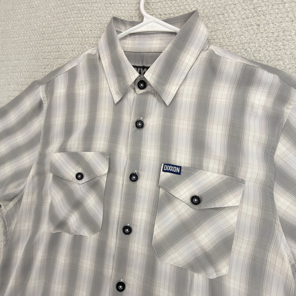 Dixxon Alpine 5YR Bamboo Shirt Mens M Gray White Plaid Short Sleeve Button Up